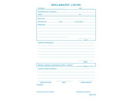 Reklamačný list, samoprepis, A5