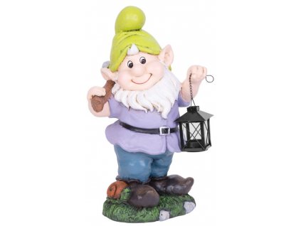 Dekorácia MagicHome, Trpaslík s lampášom vo fialovom svetríku, keramika, 25x20,5x45,5 cm
