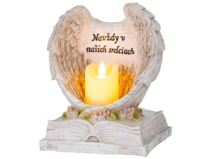 Dekorácia MagicHome, Anjelské krídla na knihe so sviečkou, LED, keramika, na hrob, 18x13,5x20 cm