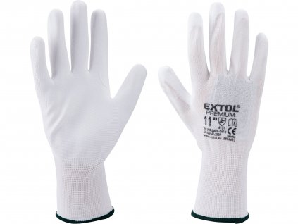 rukavice z polyesteru polomáčené v PU, bílé, velikost 8", EXTOL PREMIUM