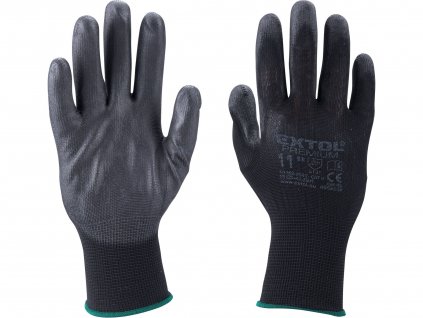 rukavice z polyesteru polomáčené v PU, černé, velikost 11", EXTOL PREMIUM