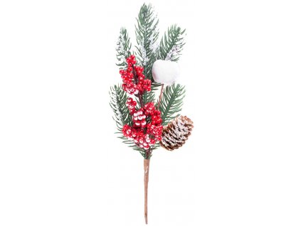 Vetvička MagicHome Vianoce, so šiškou a bobuľami, zasnežená, 31 cm