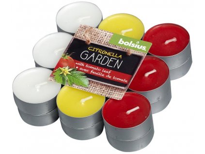 Sviečky Bolsius Tealight Citronella, repelentná, mix farieb, čajové, paradajka, bal. 18 ks