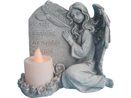 Dekorácia MagicHome, Anjel so sviečkou, LED, polyresin, na hrob, 12x8x12 cm