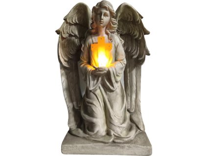 Dekorácia MagicHome, Anjel s krížom, LED, polyresin, na hrob, 23,5x19,5x30,5 cm