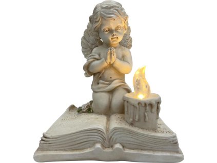 Dekorácia MagicHome, Modliaci anjelik na knihe, LED, polyresin, na hrob, 11,5x7,5x13,5 cm