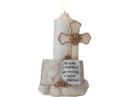 Dekorácia MagicHome, Kríž so sviečkou, LED, polyresin, na hrob, 2xAA, 11,5x11,5x18 cm