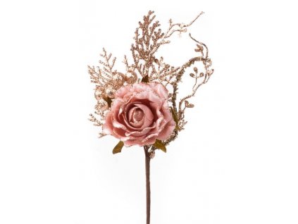 Vetvička MagicHome Vianoce, s ružou, ružovo - zlatá, 26 cm, bal. 6 ks