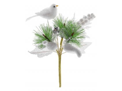 Vetvička MagicHome Vianoce, s vtáčikom, biela 18 cm