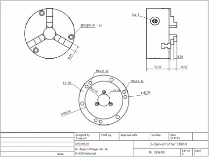 3-čeľusťové skľučovadlo 125 mm k RT 150