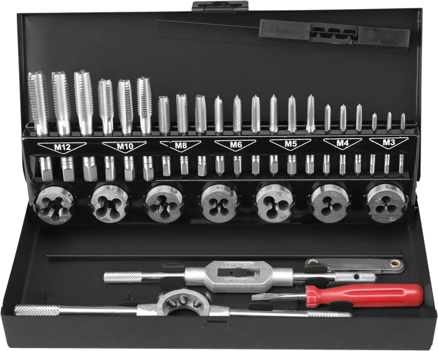 Extol Závitníky a závitové očká HSS, 32-dielna sada, M3-12, kovové puzdro 29302