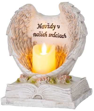 MagicHome Vianoce Dekorácia MagicHome, Anjelské krídla na knihe so sviečkou, 1xLED, polyresin, na hrob, 18x13,5x20 cm