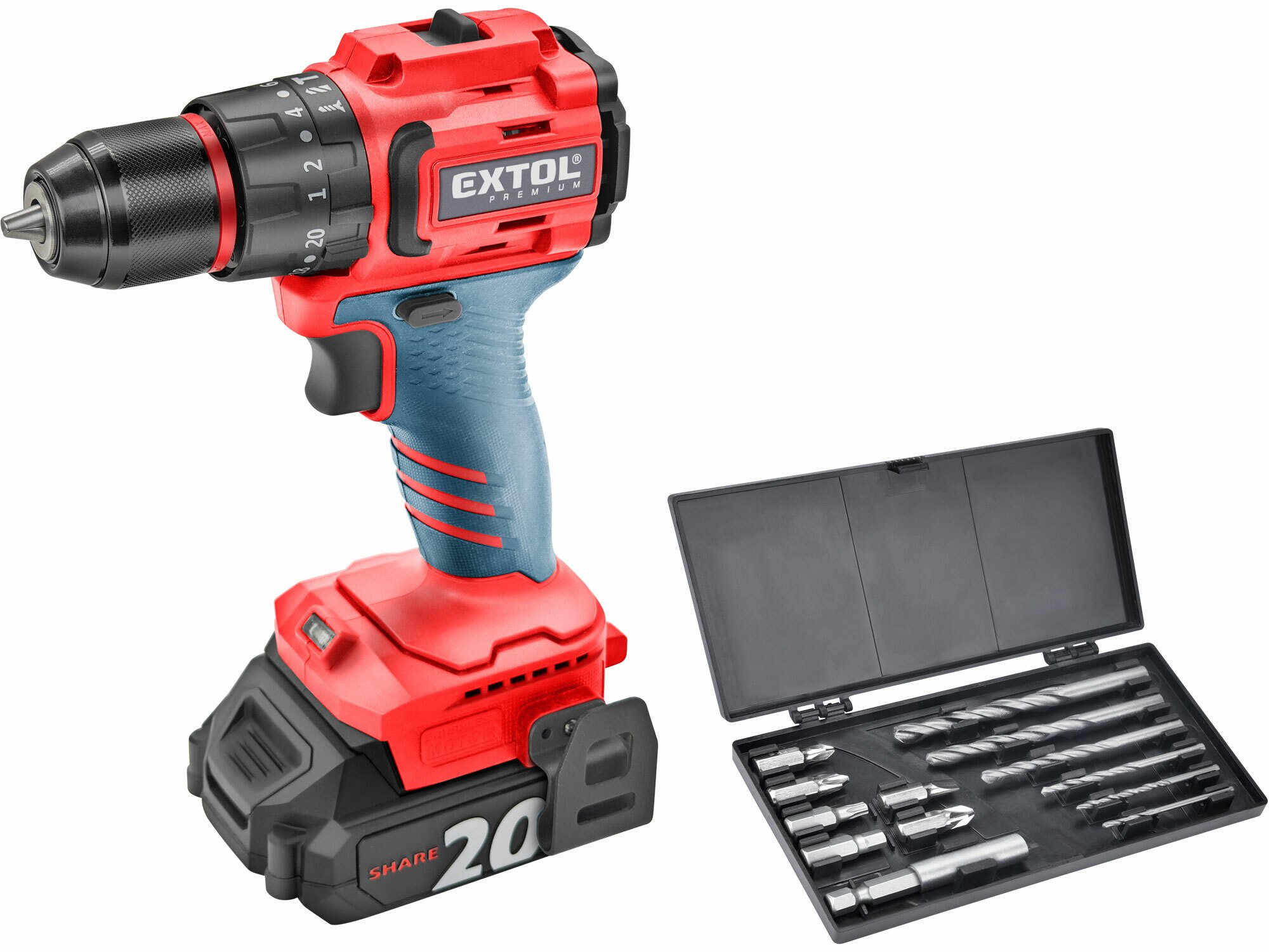 Vŕtačka s príklepom aku kompaktná Share20V, 2x 2Ah, 50Nm, bezuhlíkový motor, EXTOL PREMIUM