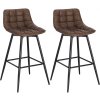 set of two bar stools with brown leatherette upholstered backrest and black metal base woltu