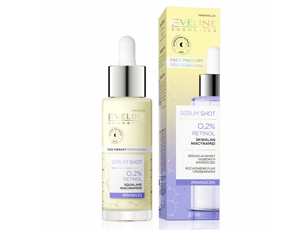 Eveline cosmetics SERUM SHOT Protivráskové sérum s 0,2% retinolu na obličej, krk a dekolt 30 ml | evelio.cz