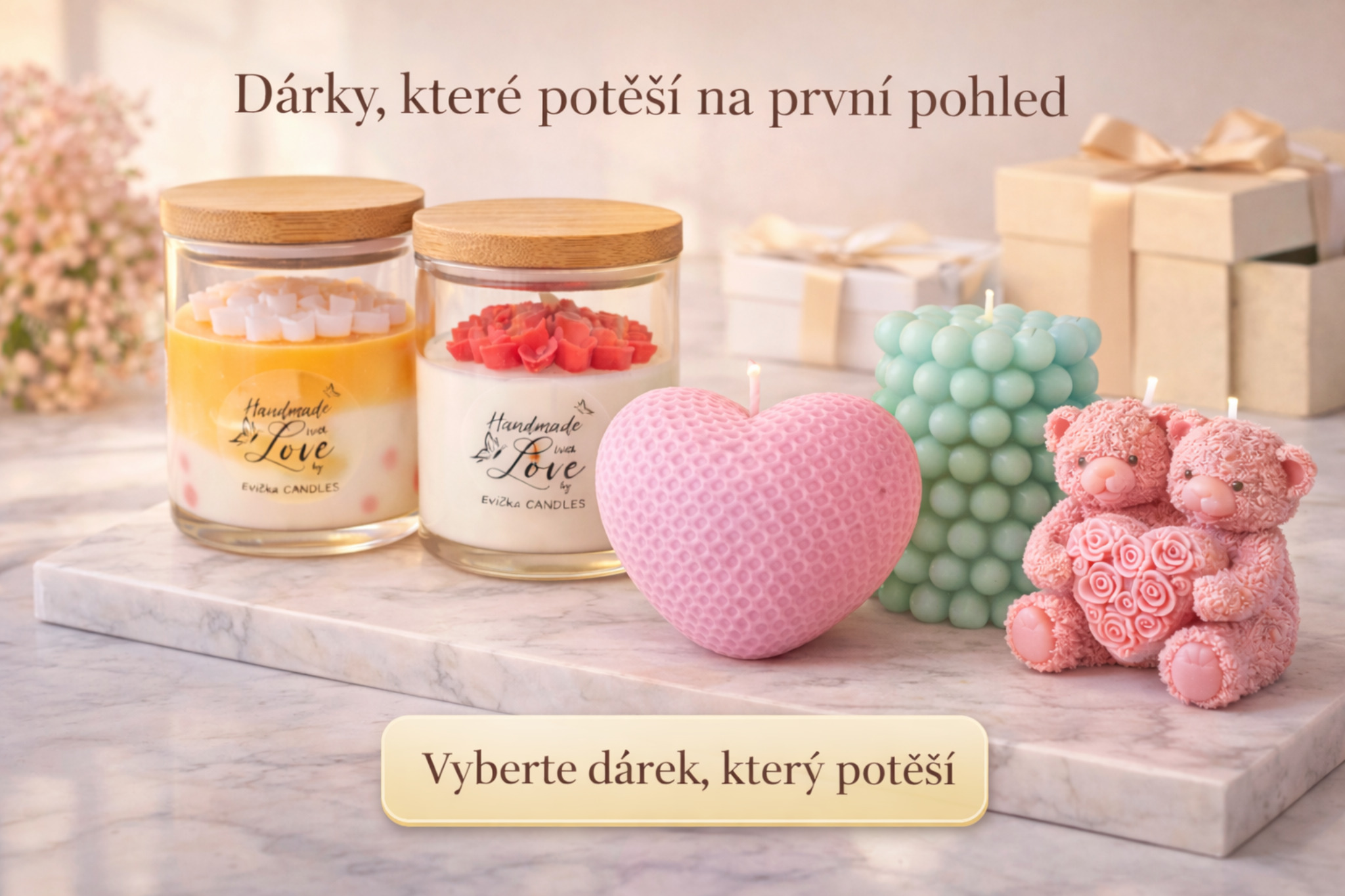 Luxusní ručně vyráběné dárkové svíčky Evička – originální designové svíčky, medvídci, andílci a dekorativní koláže v dárkovém aranžmá, ideální jako dárek pro každou příležitost.