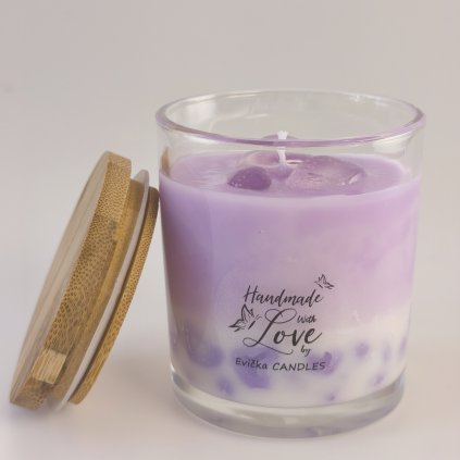 Levandule sójová svíčka srdce a krystaly 220g – ručně vyráběná