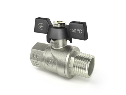 Kulový ventil Raftec 3/4″ FM motýl – plnoprůchodný 95 %, niklovaná mosaz, tlak 25–50 bar, hmotnost 246 g