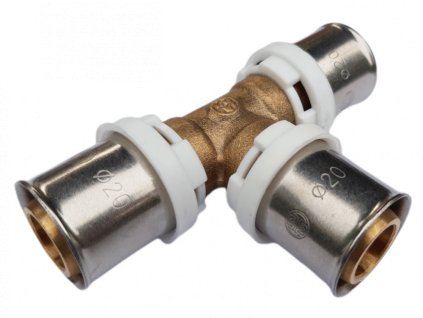 Melscher AL‑PEX lisovací T‑kus 20 × 20 × 20 mm – mosaz CW617N, EPDM těsnění, lisovací čelist TH