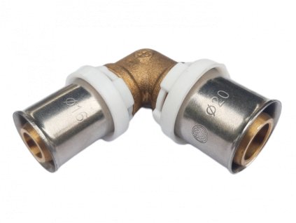 Mosazné lisovací koleno AL‑PEX 90° redukované 20 × 16 mm – CW617N, EPDM těsnění