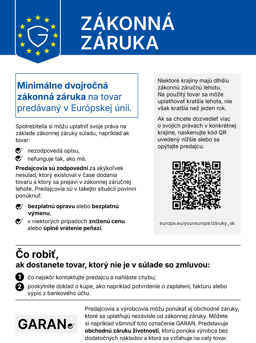 Harmonizované oznámenie Európskej únie o zákonnej záruke. Grafické zhrnutie práv spotrebiteľa pri kúpe tovaru v Európskej únii; ich podrobný opis nájdete v texte na tejto stránke.