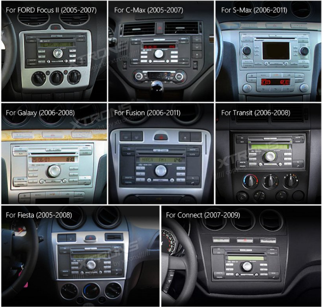 Zástavbové rozměry interiéru pro Ford Focus, Mondeo, S-max, C-max, 2DIN autorádio Xtrons PSF70QSFA -evtech.cz