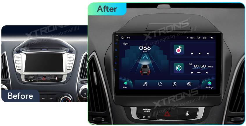 Autorádio s Android 13 pro Hyundai IX35, CarPlay, AndroidAuto, bluetooth handsfree s GPS modulem, navigací, DAB a LCD dotykovou obrazovkou před a po evtech.cz