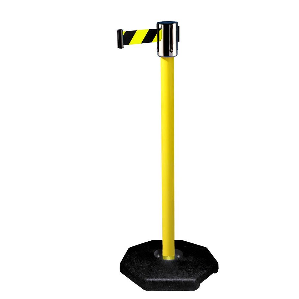 EXPOINT Zahrazovací průmyslový sloupek s pásem 2,7m a 4,5 m, žlutý s gumovou základnou Název: žlutý sloupek, hlavice stříbrná, podstava gumová, barva pásky žluto-černá, délka 2,7m