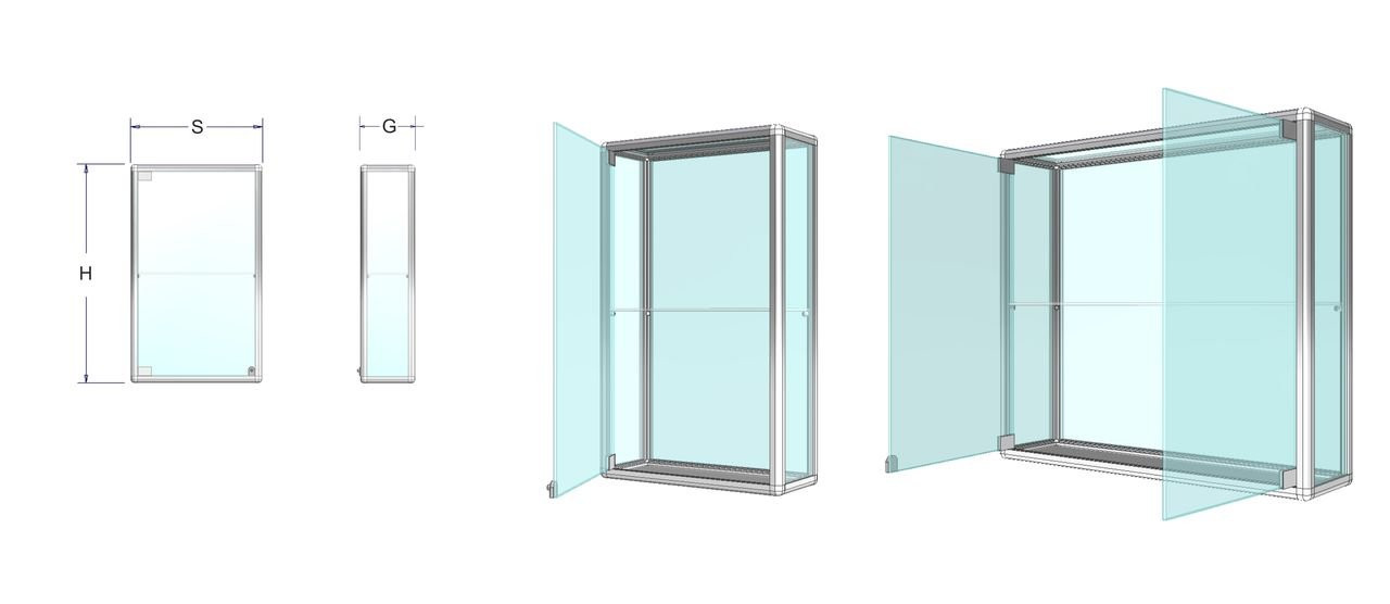 EXPOINT Závěsná prosklená vitrína na zboží - kalené sklo Název: 60 x 100 x 25cm, +1 police 6mm