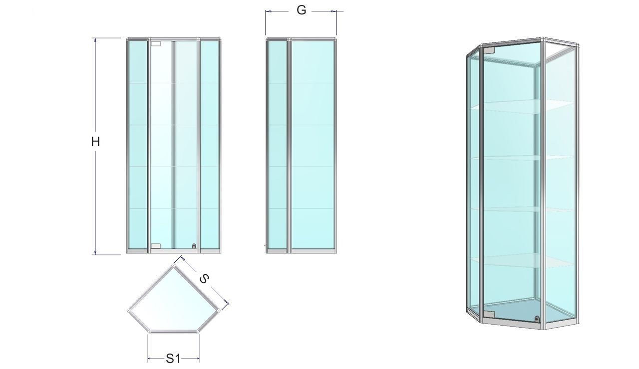 EXPOINT Rohová vitrína se základnou ve tvaru pětiúhelníku Název: 70 x 70 x 180 x 55cm, záda sklo