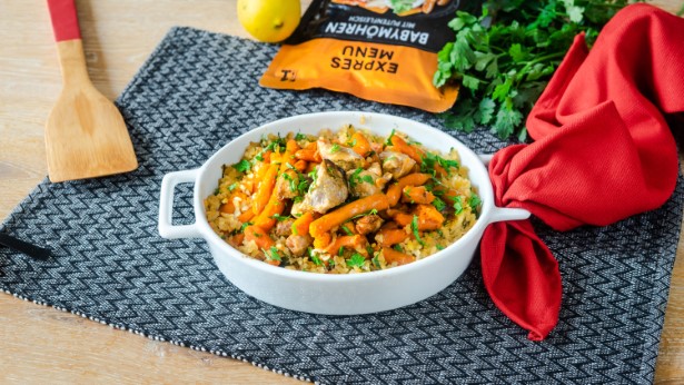 Gebackener Bulgur mit Putenfleisch und Babymöhren