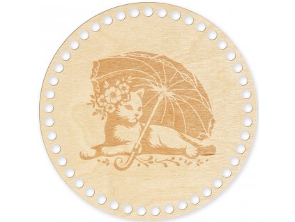 Víko na háčkovaný košík s motivem Kočka pod deštníkem