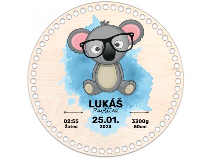 KOALA S BRÝLEMA - Víko s motivem pro miminko (novorozence)  25cm - modré pozadí