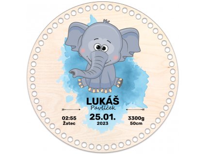 SLON - Víko s motivem pro miminko (novorozence)  25cm - modré pozadí