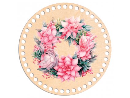 Víko na háčkovaný košík - Kruh 20cm, Moderní Věnec (edice růžové vánoce)