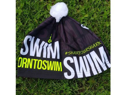 Zimní čepice černá BornToSwim® se žlutým logem a bílou bambulí