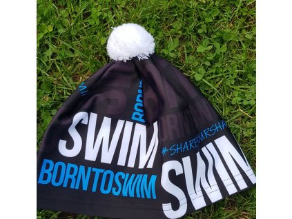 Zimní čepice černá BornToSwim® s modrým logem a bílou bambulí
