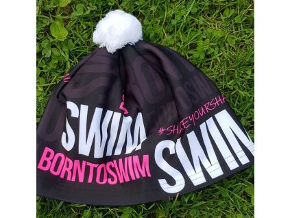 Zimní čepice černá BornToSwim® s růžovým logem a bílou bambulí