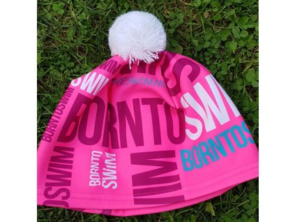 Zimní čepice BornToSwim® – růžová s bílou bambulí
