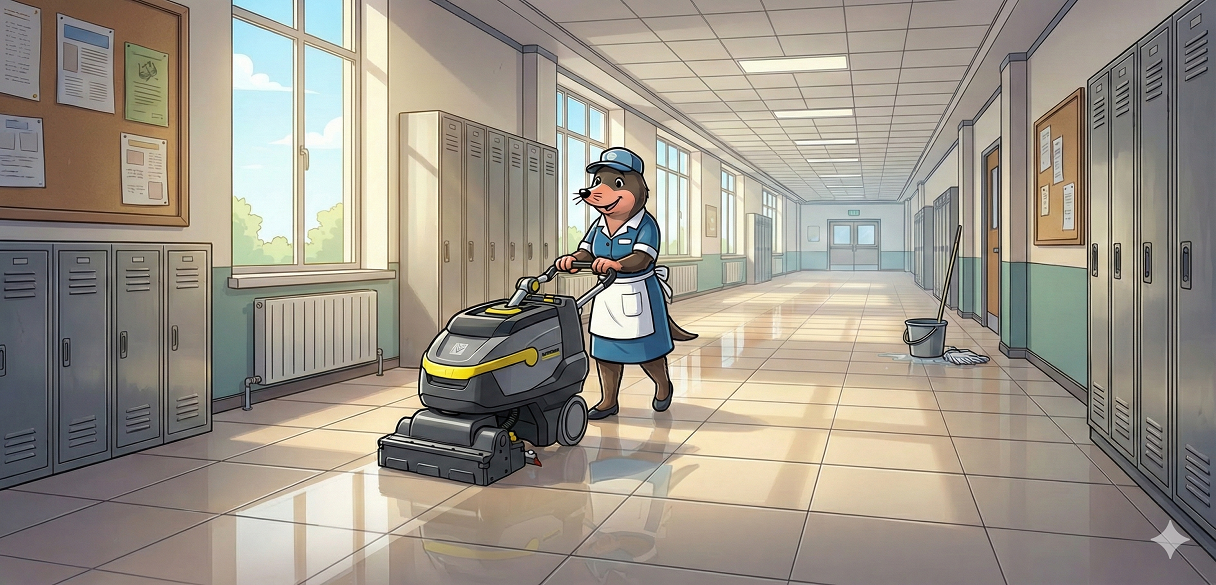 Čistenie podlahy v škole