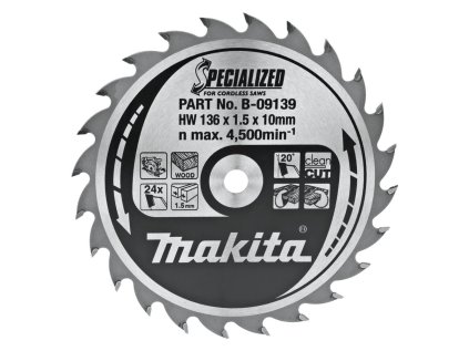 Makita pílový kotúč pre akú kotúčovú pílu na drevo 136 mm / 10 mm / 24z, B-09139 MA | ajtech.sk