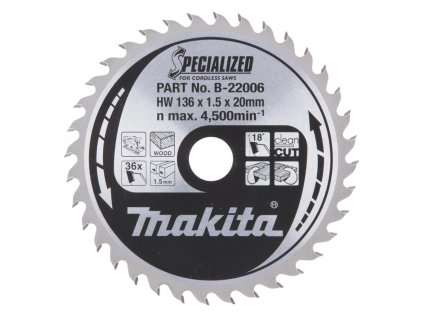 Makita pílový kotúč pre akú kotúčovú pílu na drevo 136 mm / 20 mm / 36z, B-22006 MA | ajtech.sk