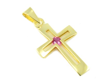 Zlatý prívesok - Krížik s tmavoružovým zirkónom