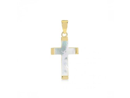 Zlatý prívesok v tvare kríža zo žltého zlata s perleťou.