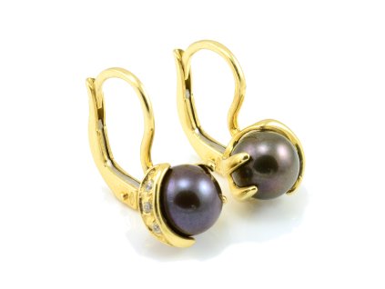Náušnice zo žltého zlata veľká tmavá prírodná perla 8mm a tri zirkóniky
