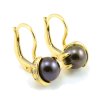 Náušnice zo žltého zlata veľká tmavá prírodná perla 8mm a tri zirkóniky