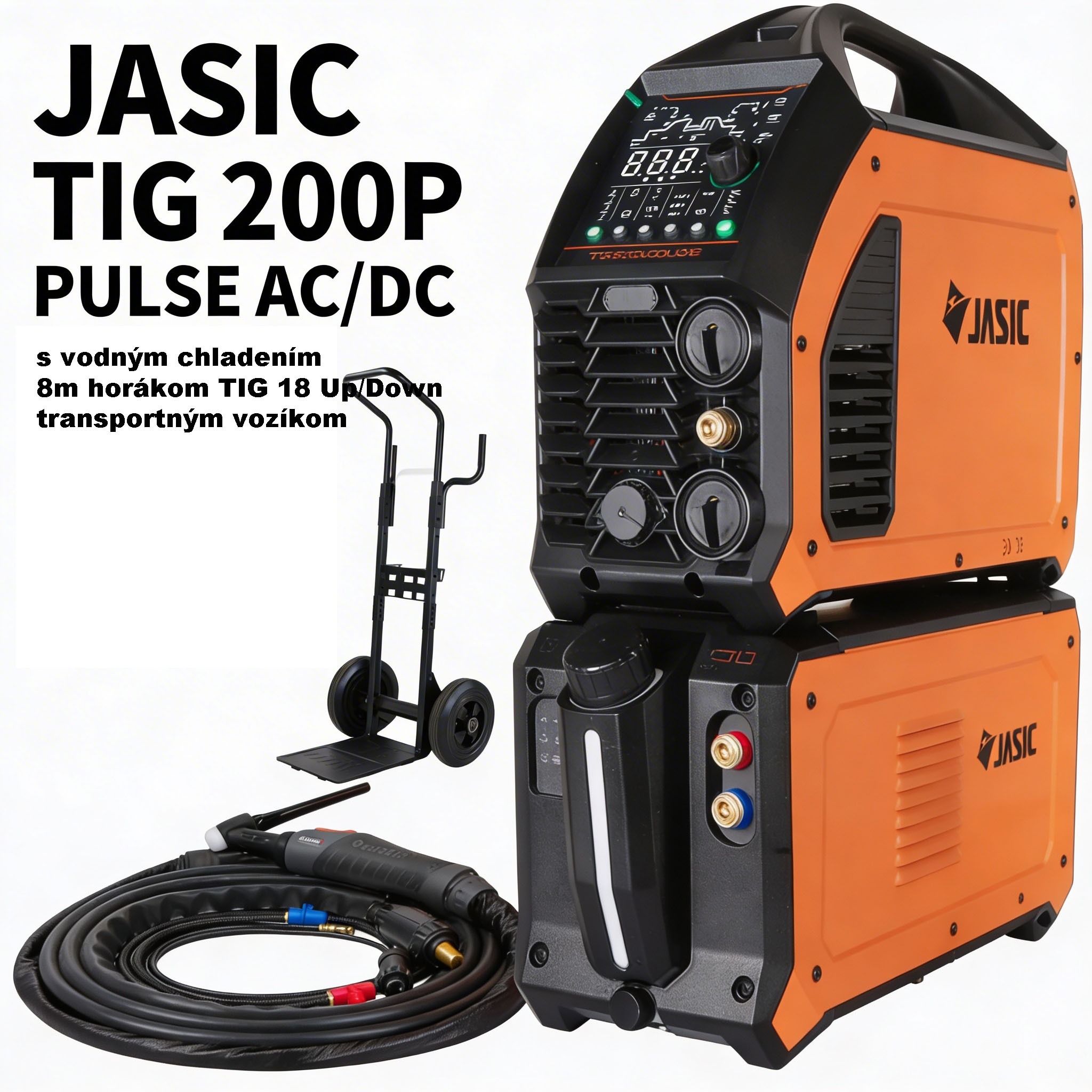 JASIC EVO20TIG 200 P ACDC PFC s vodným chladením,8m horákom a vozíkom