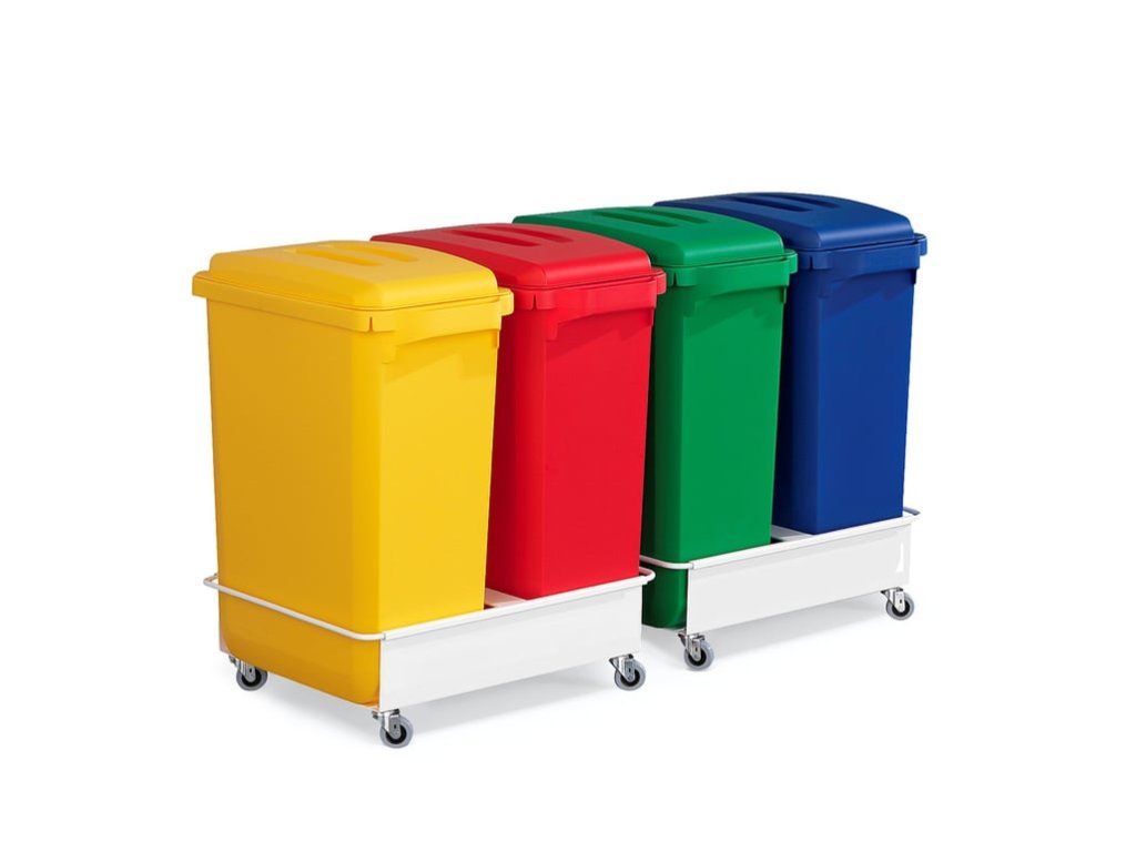 Zestaw: 4 x pojemniki na odpady sortowane 60 L, różne kolory + 2 wózki