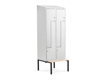 Šatňová skrinka CLASSIC, tvar Z, s lavičkou, 2 sekcie, 4 dvere, šedá