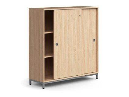 Szekrény tolóajtós QBUS, 2 polc, lábakon, fogantyúval, 1252x1200x400 mm, ezüst, tölgy